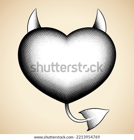 Illustration of Scratchboard Engraved Evil Heart with White Fill isolated on a White Background