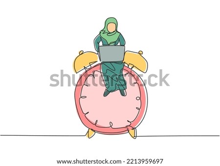 Single continuous line drawing young Arab business woman sitting on big analog alarm clock and typing on laptop. Business discipline metaphor concept. One line draw graphic design vector illustration.