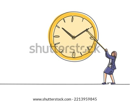 Single one line drawing of young business woman pulling clockwise of big analog wall clock with rope. Time management minimalist concept. Continuous line draw design graphic vector illustration.