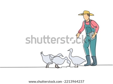Continuous one line drawing young male farmer is feeding the geese to be healthy and produce the best eggs and meat. Farming minimalist concept. Single line draw design vector graphic illustration.