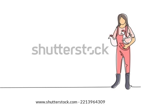 Single one line drawing of young female farmer carried the chicken with both hands to return to the coop. Farming challenge minimal concept. Continuous line draw design graphic vector illustration.