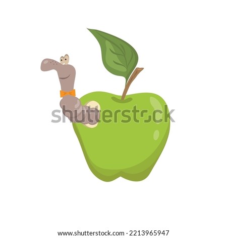 Cute caterpillar in green apple with orange bow tie . Cute cartoon vector illustration for clothes, wall design, polygraphy.