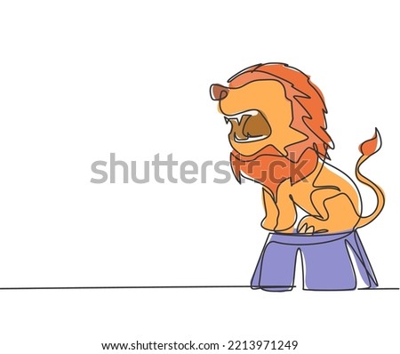 Continuous one line drawing a lion stands on the circus chair, roaring awaiting instructions from the trainer. Circus show was loved by the audience. One line draw design vector graphic illustration.