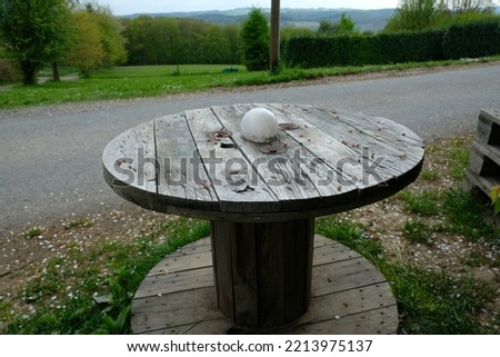 on the round wooden table is a strange ball