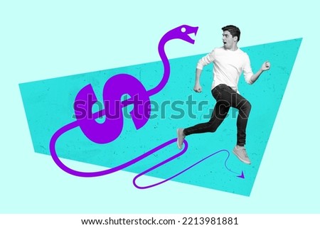 Photo sketch graphics artwork picture of scared unhappy guy running away dangerous debt snake isolated drawing background