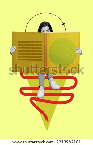 Creative drawing collage picture of little woman reading big interesting book bookworm education study learn student schoolgirl school