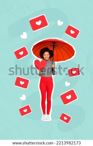 Vertical collage illustration of positive lovely girl hold red heart postcard umbrella flying like notifications