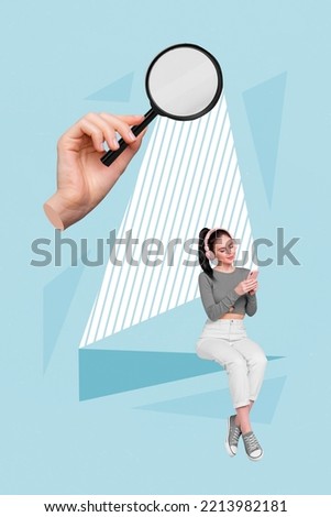 Creative 3d photo artwork graphics painting of arm watching magnifier smiling happy lady typing modern device isolated drawing background
