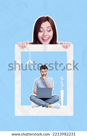 Collage photo of young professional coder programmer man sitting using laptop thinking cadre woman envy want vacancy isolated on blue color background