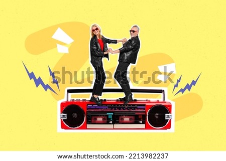 Composite collage picture of two excited aged people hold hands dancing big boom box isolated on creative background