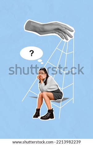 Vertical collage picture of minded questioned girl huge arm palm black white colors isolated on creative background