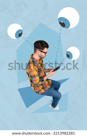 Exclusive magazine picture sketch image of eyes spying busy guy chatting modern gadget isolated painting background
