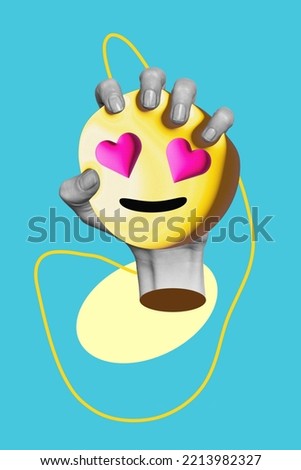 Collage photo of emoji instagram like popularity hand hold lovely face like feelings date circle symbol isolated on bright aquamarine color background