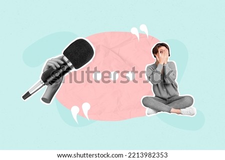 Photo cartoon comics sketch picture of impressed scared lady scaring answering journalist questions isolated drawing background Royalty-Free Stock Photo #2213982353