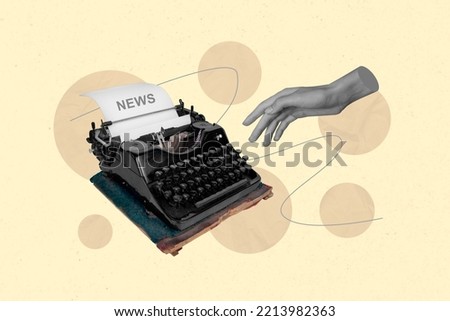Creative abstract template graphics image of arm typing oldschool typewriter isolated drawing background