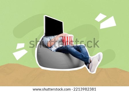 Collage 3d image of pinup pop retro sketch of funny guy tv set instead of head eating pop-corn isolated painting background Royalty-Free Stock Photo #2213982381