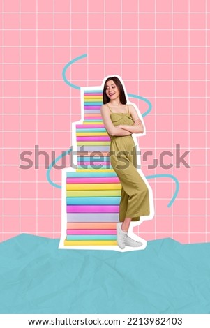 Vertical collage picture of positive girl folded arms look huge pile stack book isolated on painted background