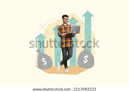 Collage photo of young successful funny student business owner company man using laptop market stock up rich isolated on beige color background