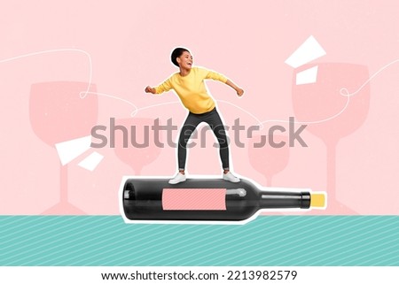 Composite collage picture of excited overjoyed girl stand big wine bottle isolated on creative background