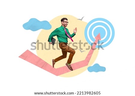 Composite collage picture of excited crazy guy hold netbook running target drawing arrow up isolated on painted clouds sky background