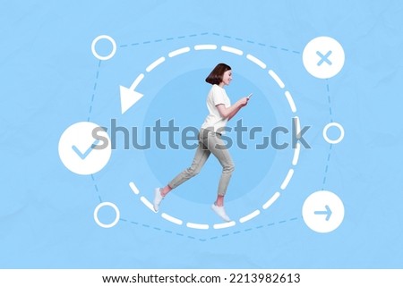 Photo cartoon comics sketch picture of purposeful lady typing modern gadget running circle isolated drawing background