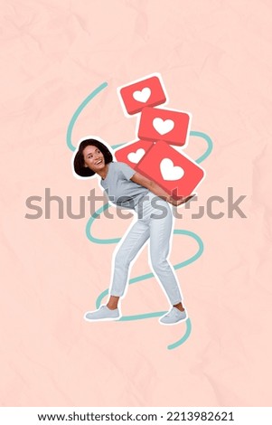 Vertical collage picture of cheerful little girl arms hold carry big pile stack like notifications isolated on painted background