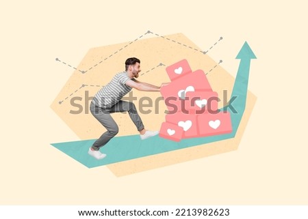 Creative photo collage of crazy screaming blogger pushing likes arrow pointing popularity growth up isolated on beige color background