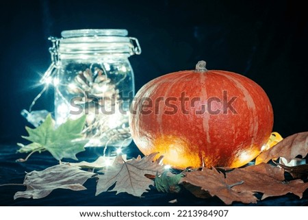Halloween theme,Close-up shot of Pumpkin and fallen leaves on the black velvet cloth,Pine cones and fairy garland lights in a glass jar