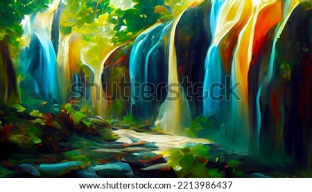 Magical waterfall stream in the forest. Picture effect. Digital illustration.