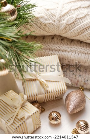   Winter, Christmas, New Year decorations composition, concept, background. Christmas greeting card. Frame, border. Space for text.                                 