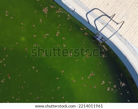 drone aerial view of a swimming pool with green water in autumn Royalty-Free Stock Photo #2214011961