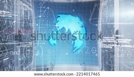 Image of mathematical equations and data processing over 6g text against server room. Computer interface and business data storage technology concept