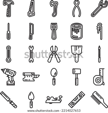Big set of repair house icon, concept renovation tool stuff instrument toolkit line art flat vector illustration, isolated on white. Reconstruction building equipment, construction object.