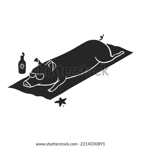 Hand drawn icon pig laying at the beach hand drawn. Vector illustration.