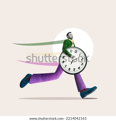 Art collage. Running businessman with clock in hands. Time management concept. Royalty-Free Stock Photo #2214042163