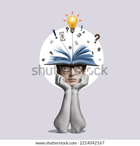 Head with an open book and a light bulb as a metaphor for a new idea. Art collage. Royalty-Free Stock Photo #2214042167