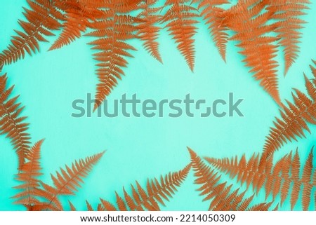 fern leaves on a rough concrete background.Autumn mood background. Fallen autumn dried leaves background. Colorful, variegated foliage. Flat lay, top view, copy space.