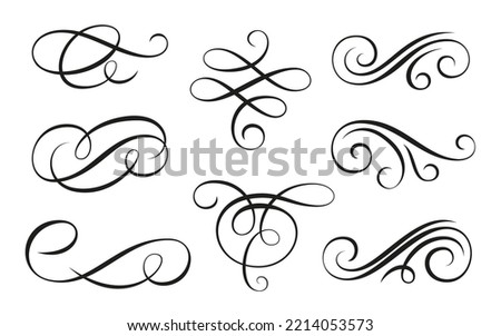 Calligraphic swirl ornament, live line flourish set. Filigree ornamental curls. Decorative design elements for menu, vignette, certificate diploma, wedding card, invatation, outline text divider
