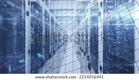 Image of mathematical equations and data processing over server room. Global technology, computing and digital interface concept digitally generated image.