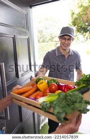 Vertical picture of happy senior caucasian men opening door and welcoming courier with vegetables. Online grocery shopping.
