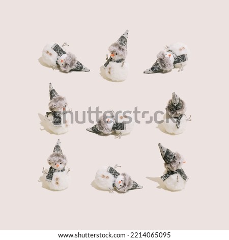 Snowmen in different funny poses on pastel beige background. Creative composition for winter holidays, Christmas, New Year.