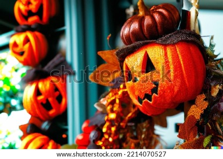 Halloween pumpkin wreath porch decorations.  Creative Halloween wreaths hanging on a porch with Jack O lantern pumpkin hanging in a string in the background.