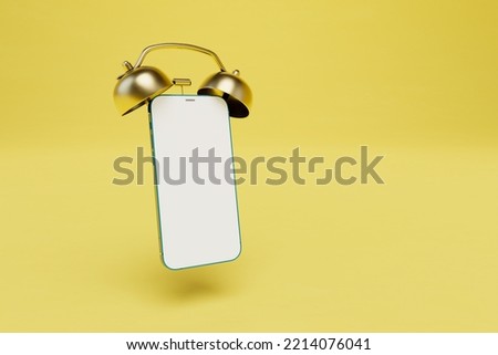 alarm clock on a smartphone on a yellow background. copy paste, copy space. 3D render.