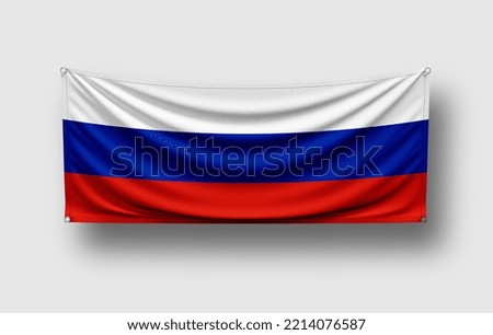 Russia flag hangs on wall, white background