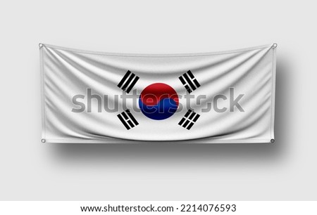 South Korea flag hangs on wall, white background