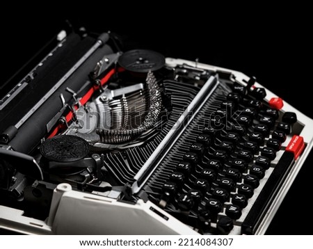 Old vintage typewriter. Two colors: red and black. Stylish rare mechanical thing.
