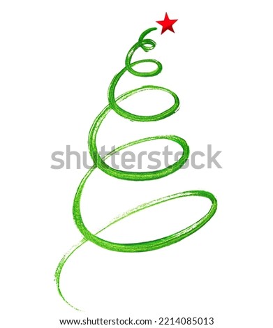 one creative Сhristmas tree drawn in a spiral with a green brush stroke on a white isolated background