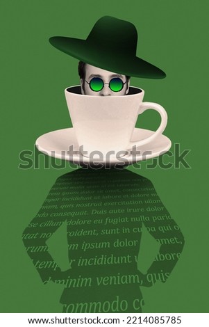 Artwork magazine picture of mystery man hiding inside tea cup looking you isolated green drawing background