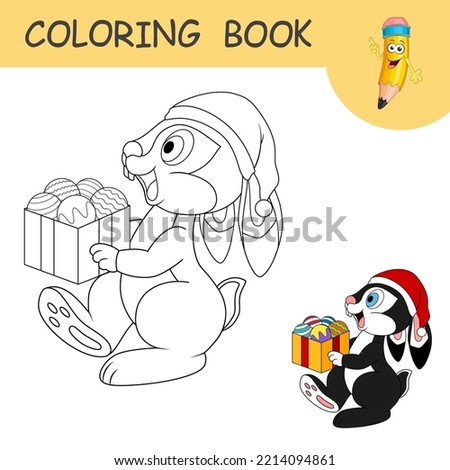 Coloring book with cartoon rabbit carries full box of New Year's toys. Colorless and color example Hare on coloring page for kids. Template of Rabbit as a symbol of 2023 Chinese New Year for coloring.