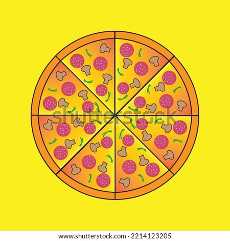 Flat icon Pizza capricciosa solated on yellow background. Vector illustration.